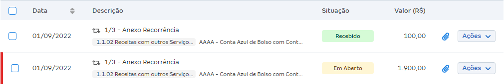 Tela de Extrato de movimentações com lançamento baixado (pago ou recebido) e as seguintes parcelas do mesmo.