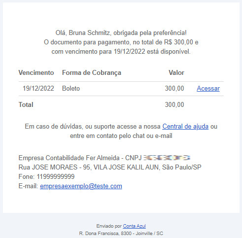 Tela da mensagem do lembrete de vencimento enviada via E-mail.