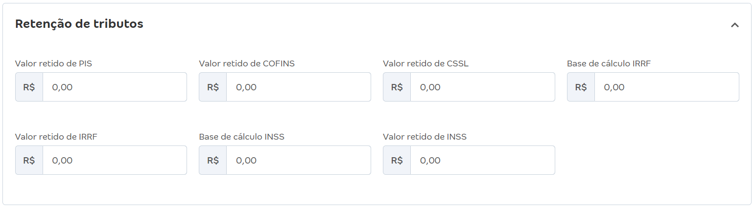 Tela de preenchimento de Retenção de tributos da nota fiscal de importação.