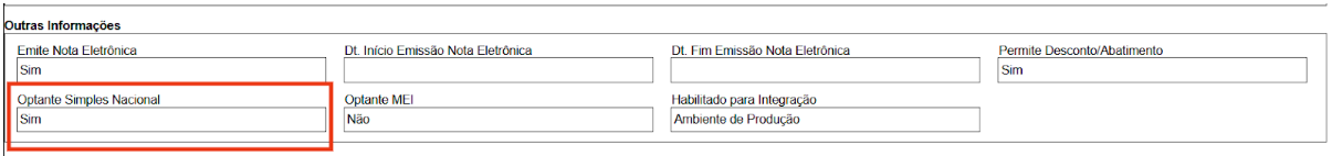 Tela do padrão Iss.net com destaque para o campo de Optante do Simples Nacional.