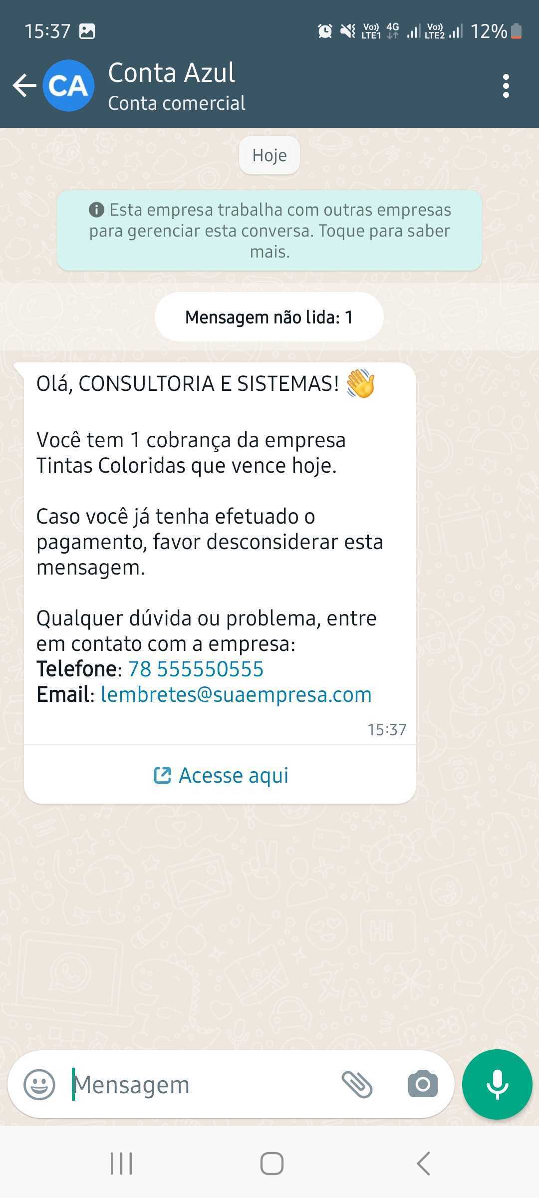 Tela da mensagem do lembrete de vencimento enviada via WhatsApp.