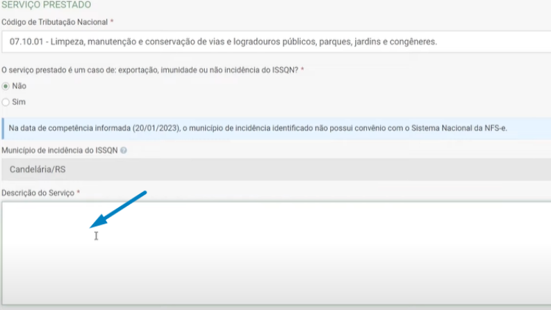 Tela de preenchimento de descrição do serviço no Padrão Nacional.