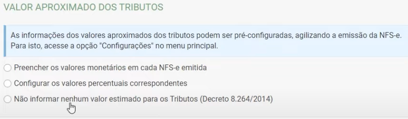 Tela de preenchimento do Valor aproximado dos tributos no Padrão Nacional.