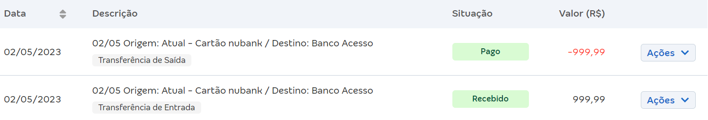 Tela de extrato de movimentações com destaque para transferências de entrada e de saída.