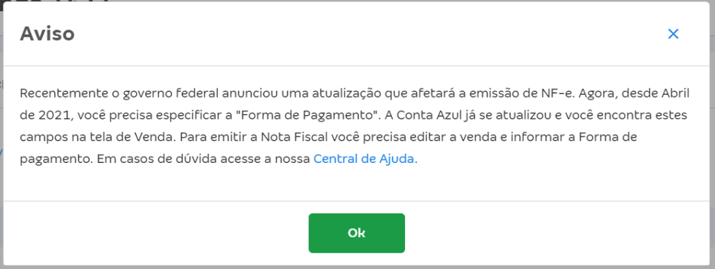 Tela de aviso de erro da NF-e para especificar a Forma de Pagamento na venda.