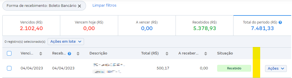 Tela de lista de lançamentos financeiros com destaque para coluna sem ícones de cobrança.