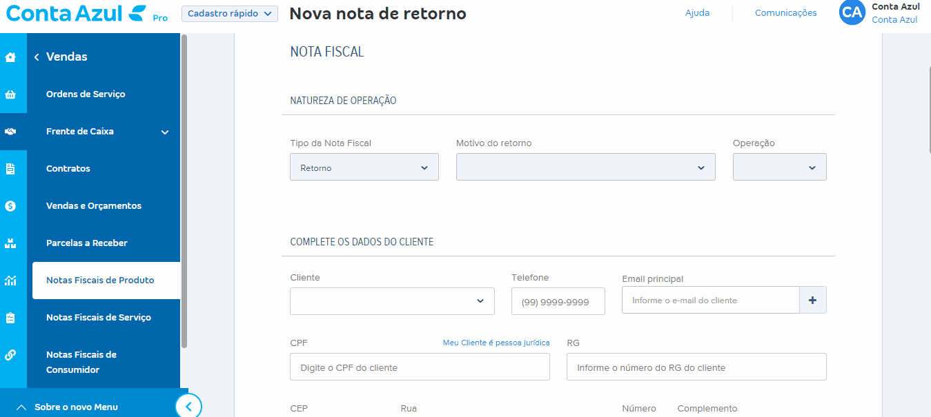 Nota Fiscal de Retorno como emitir Conta Azul