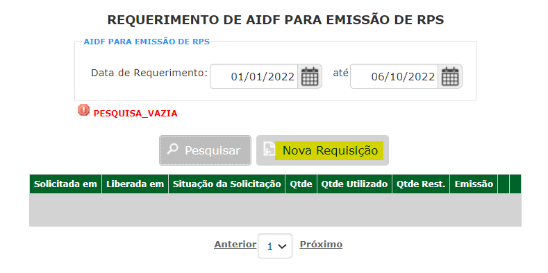 Tela de Requerimento de AIDF para emissão de RPS na prefeitura de Manaus.