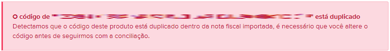 Tela com mensagem de erro O código de (nome do produto) está duplicado.