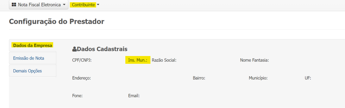 Tela para consulta da Inscrição Municipal no padrão Siat.