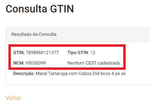 Tela de consulta NCM do GTIN.