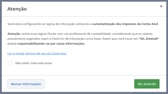 Tela com mensagem de preenchimento automático de impostos.