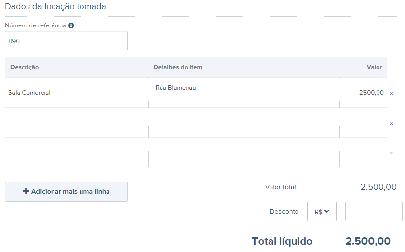 Tela de preenchimento dos dadps da locação tomada.