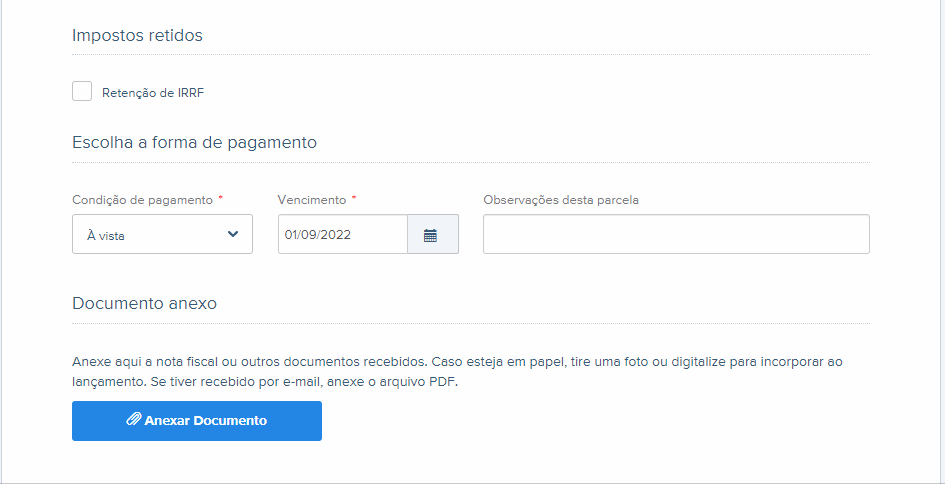 Passo a passo para preencher impostos retidos, forma de pagamento e anexar documentos.