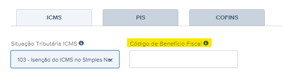 Tela com destaque para o campo de preenchimento do Código do Benefício Fiscal para empresas do simples nacional.