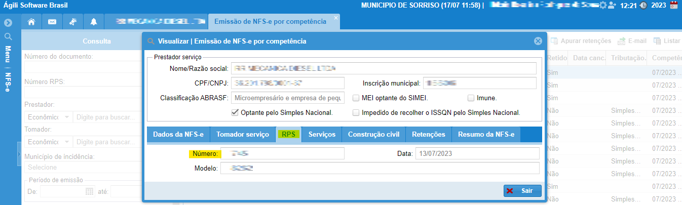 Tela para consulta do RPS no padrão Ágili.