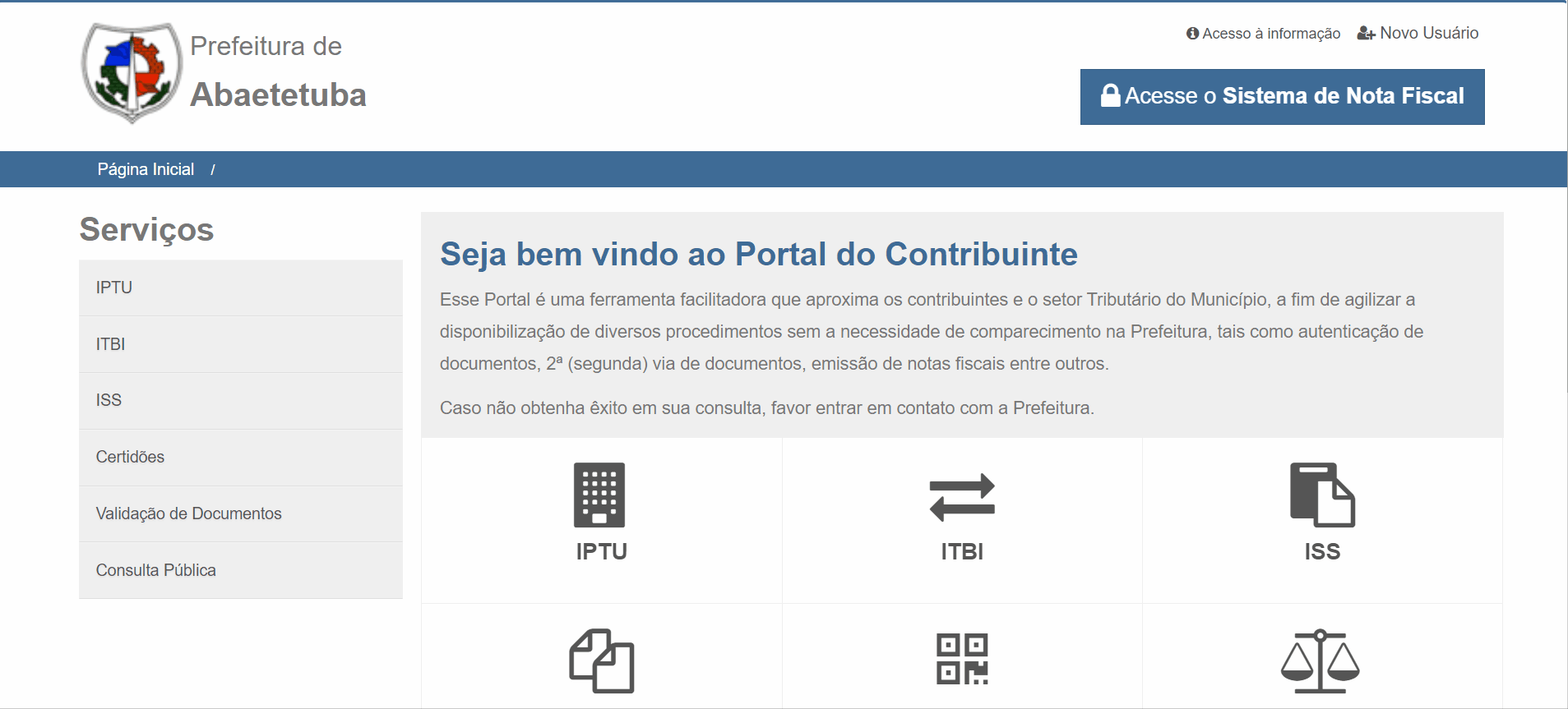 Tela de login no portal da prefeitura.