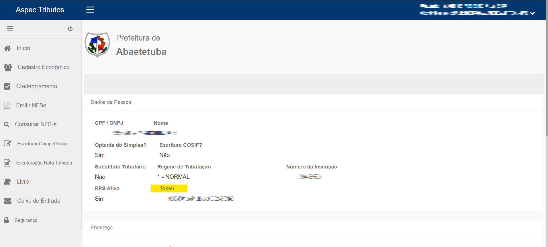 Tela para consulta do Token no padrão Aspec.