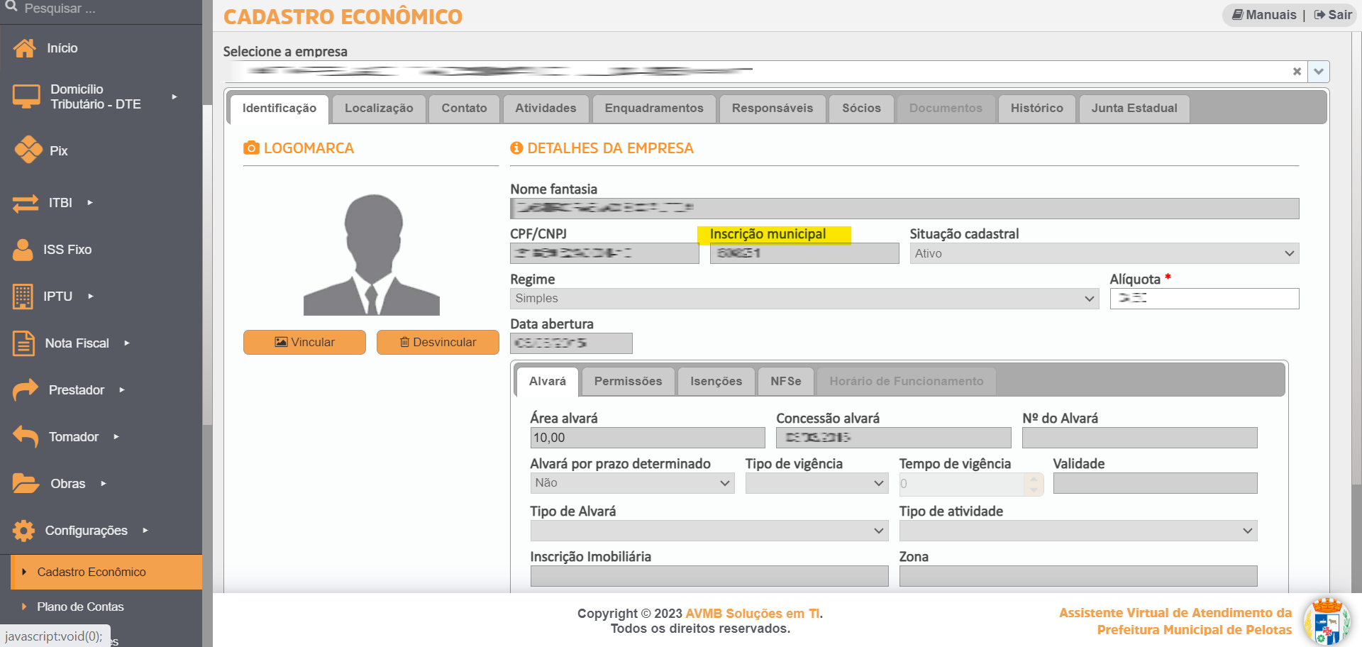 Tela para consulta da Inscrição Municipal no padrão Asten.