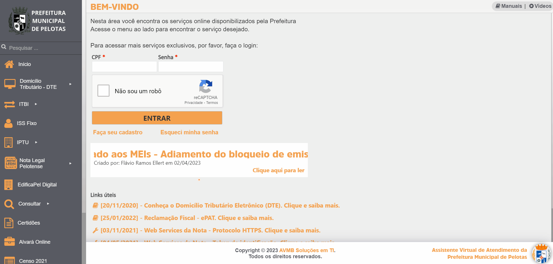 Tela de login no portal da prefeitura.