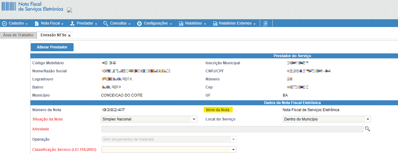 Tela para consulta da Série do RPS no padrão Ativ.
