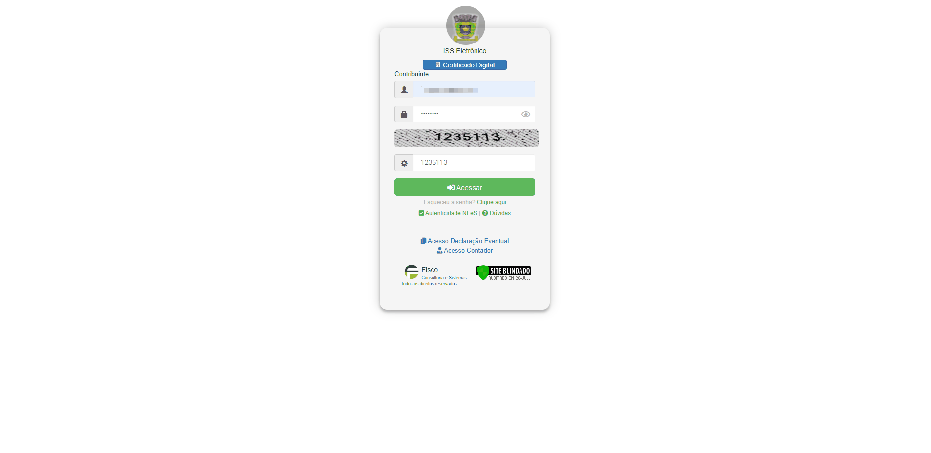 Tela de login no portal da prefeitura.