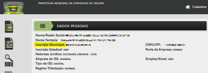 Tela de consulta da Inscrição Municipal no padrão Awatar WS.