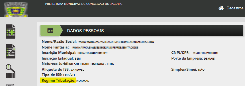 Tela de consulta do Regime tributário no padrão Awatar WS.