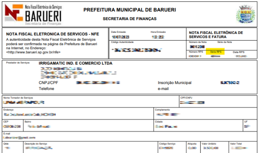 Tela para consulta da Série do RPS utilizado no padrão Barueri.