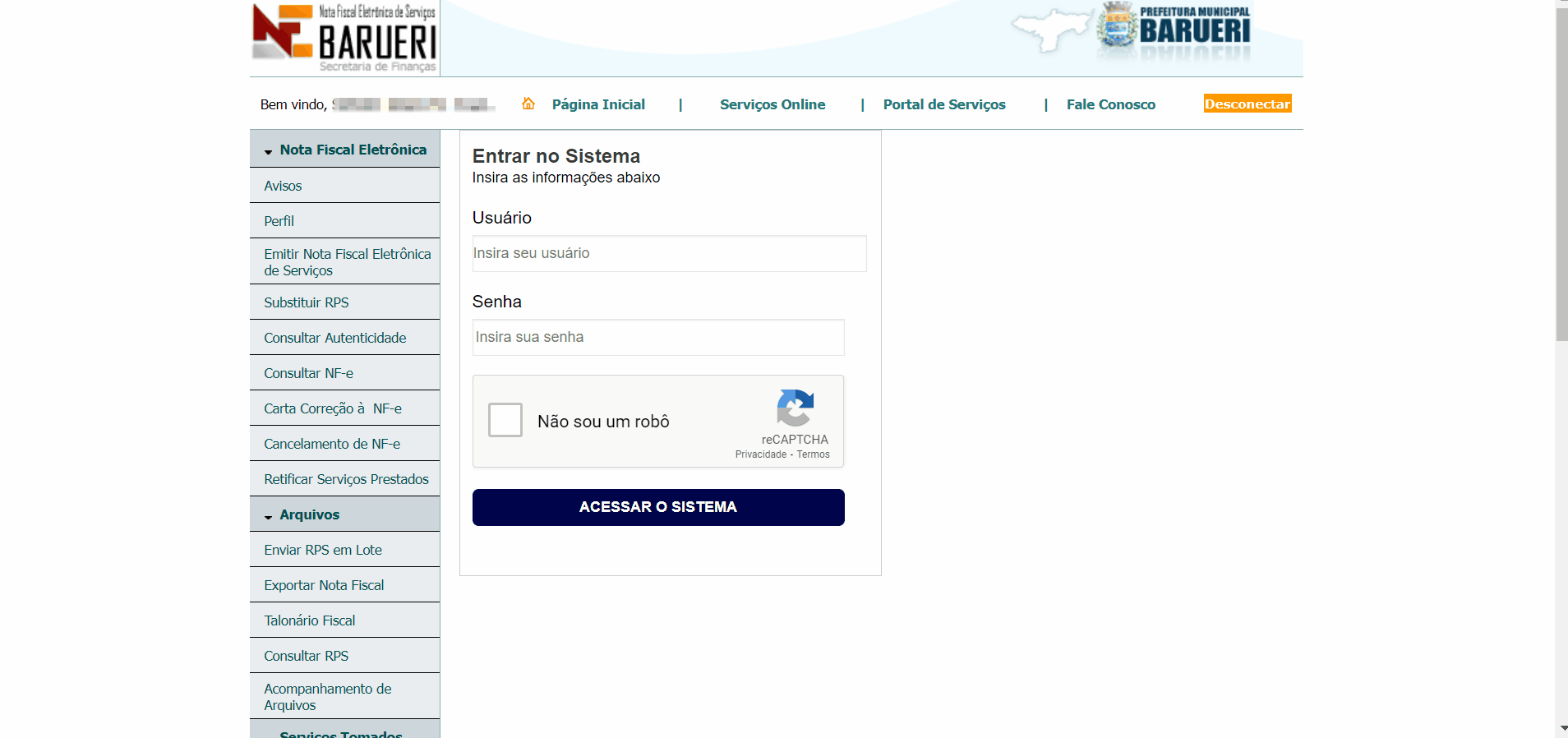 Tela de login no portal da prefeitura.