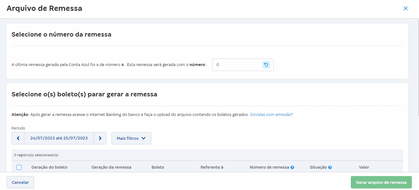 Passo a passo para Gerar Número de remessa.