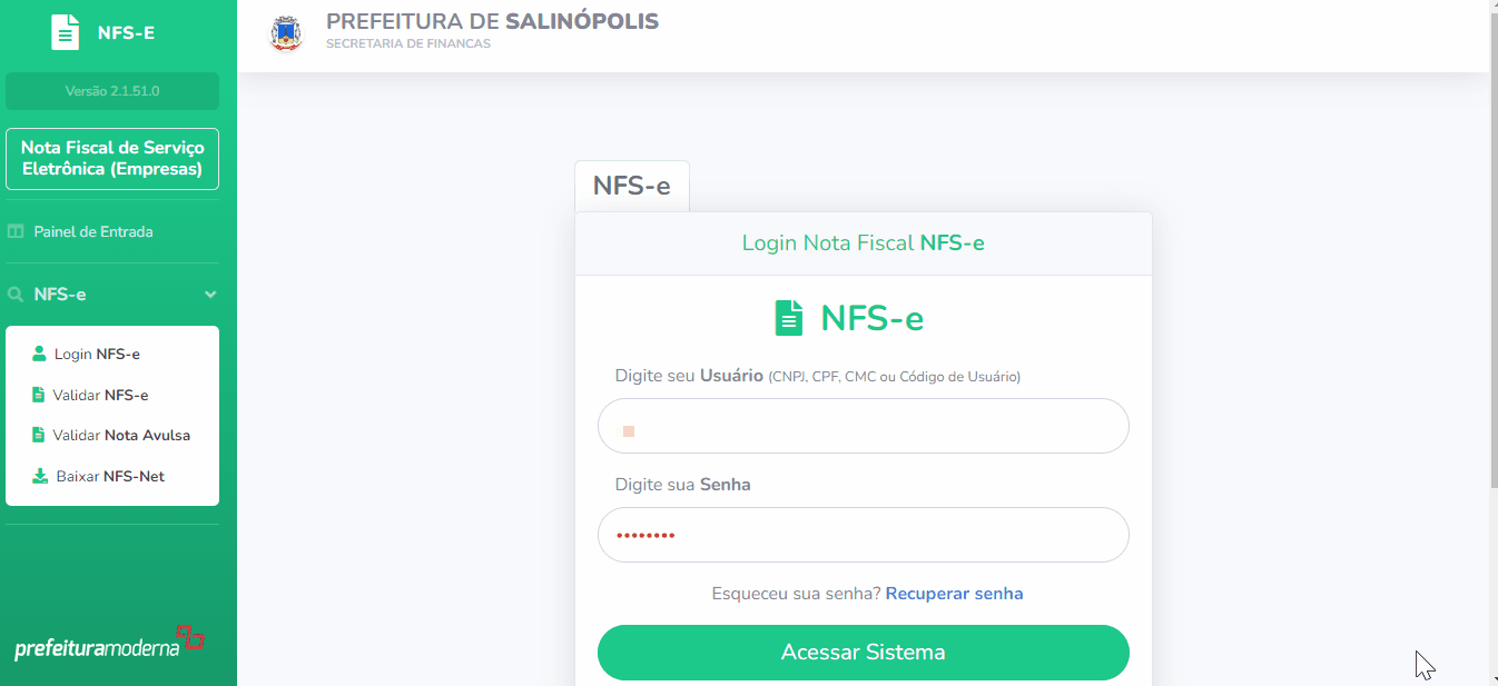 Tela de login no portal da prefeitura.