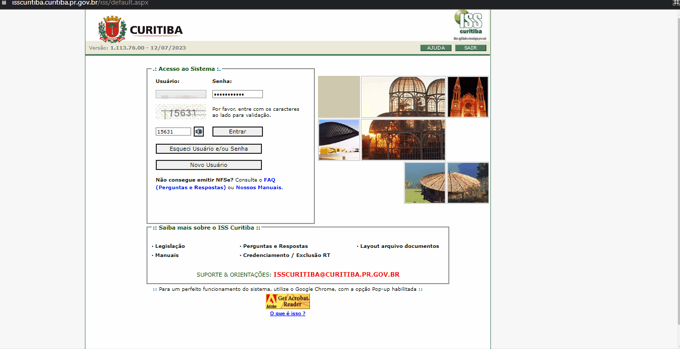 Tela de login no portal da prefeitura.