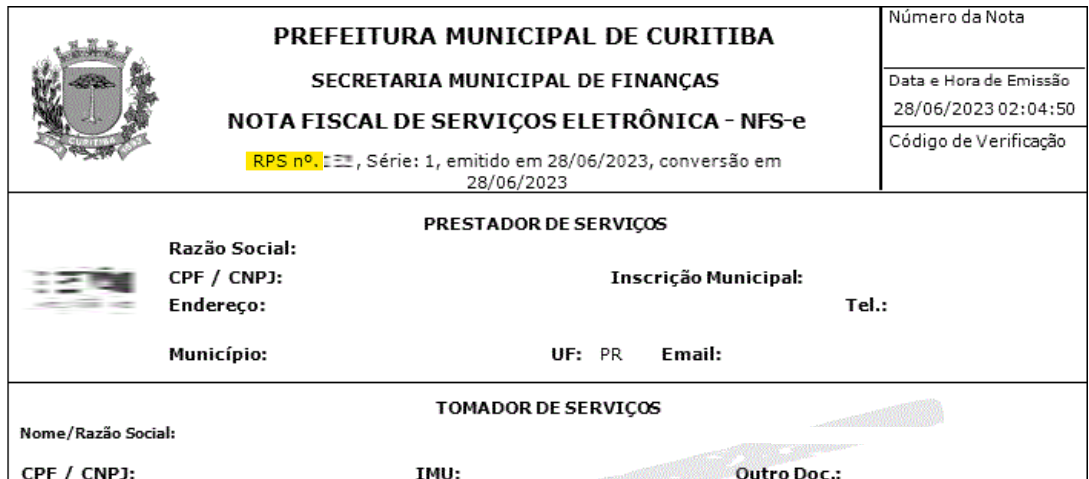 Tela para consulta do RPS no padrão Curitiba.