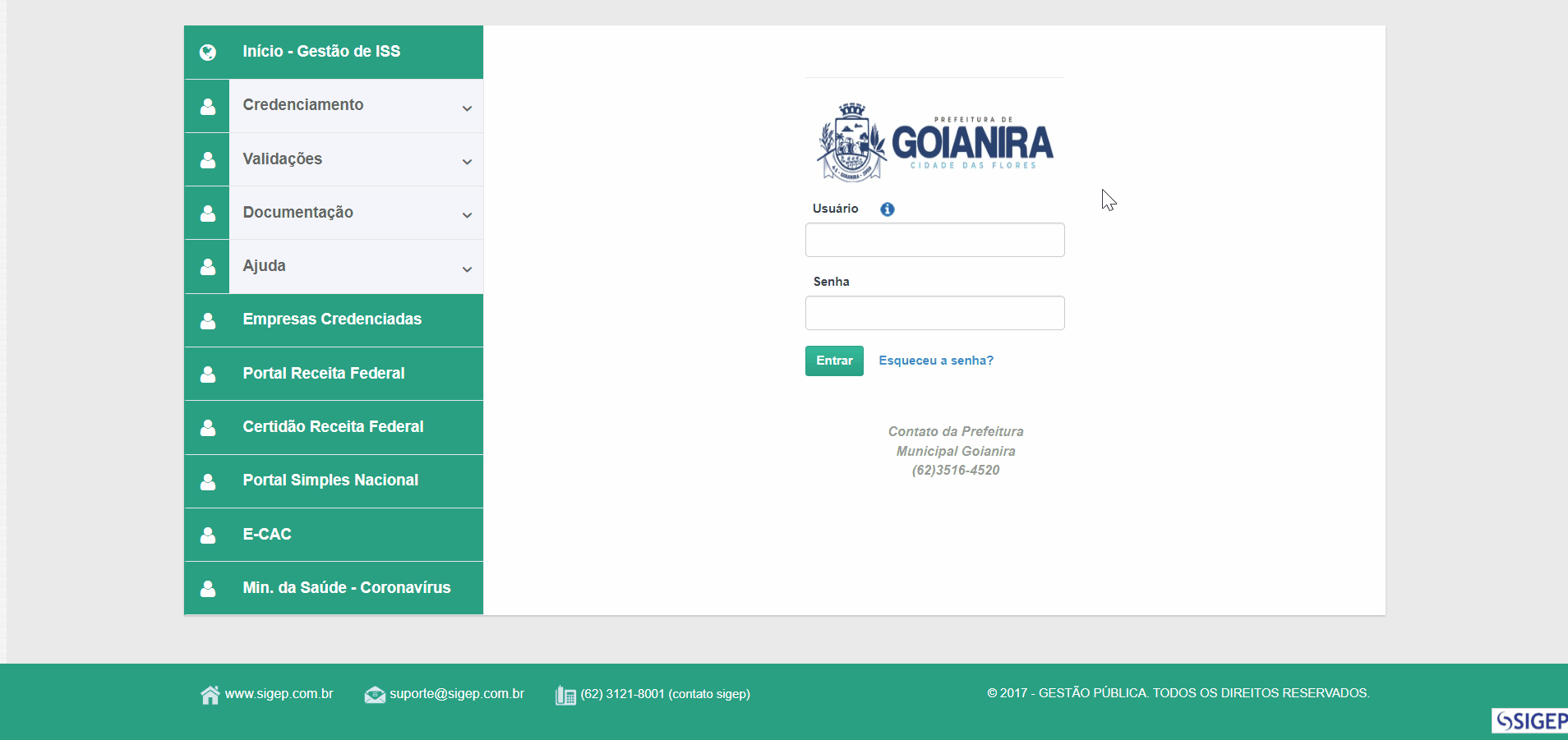 Tela de login no portal da prefeitura.