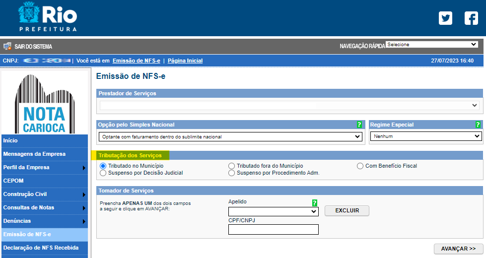 Tela para consulta da Natureza de operação padrão no padrão Carioca.