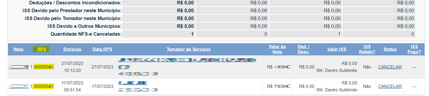 Tela para consulta do RPS no padrão Carioca.