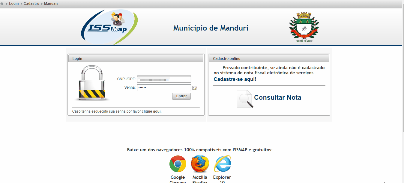 Tela de login no portal da prefeitura.
