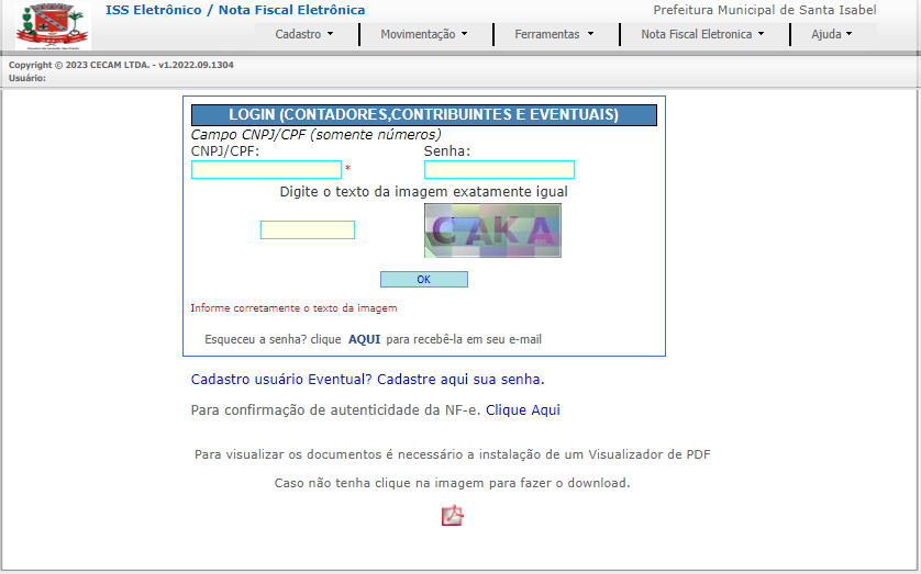 Tela de login no portal da prefeitura.