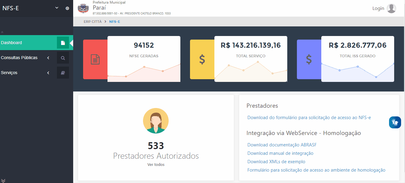 Tela de login no portal da prefeitura.