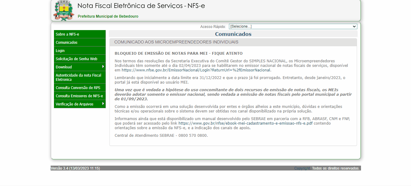Tela de login no portal da prefeitura.