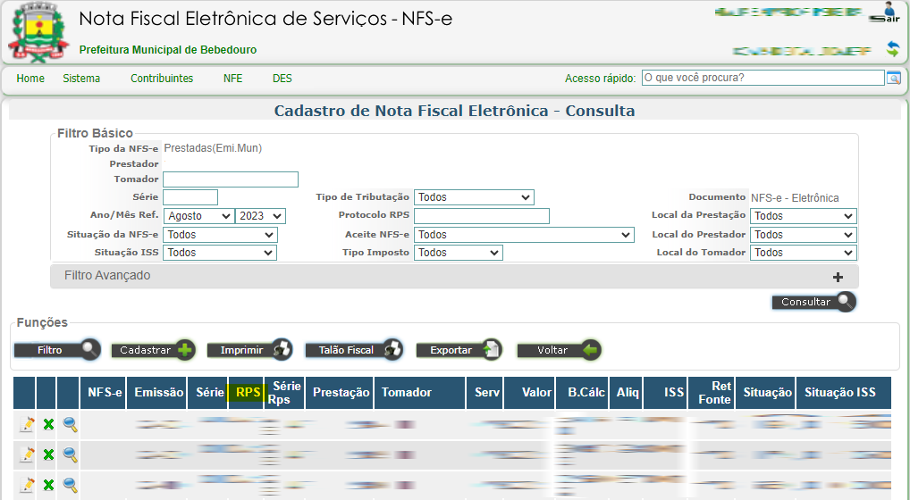 Tela para consulta de Último RPS utilizado no padrão Conam.