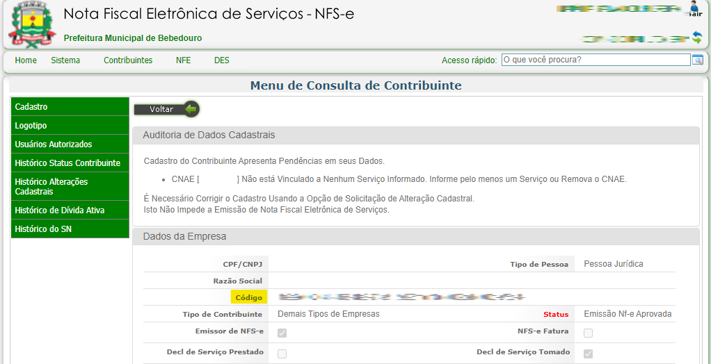 Tela para consulta do Código (usuário) no padrão Conam.