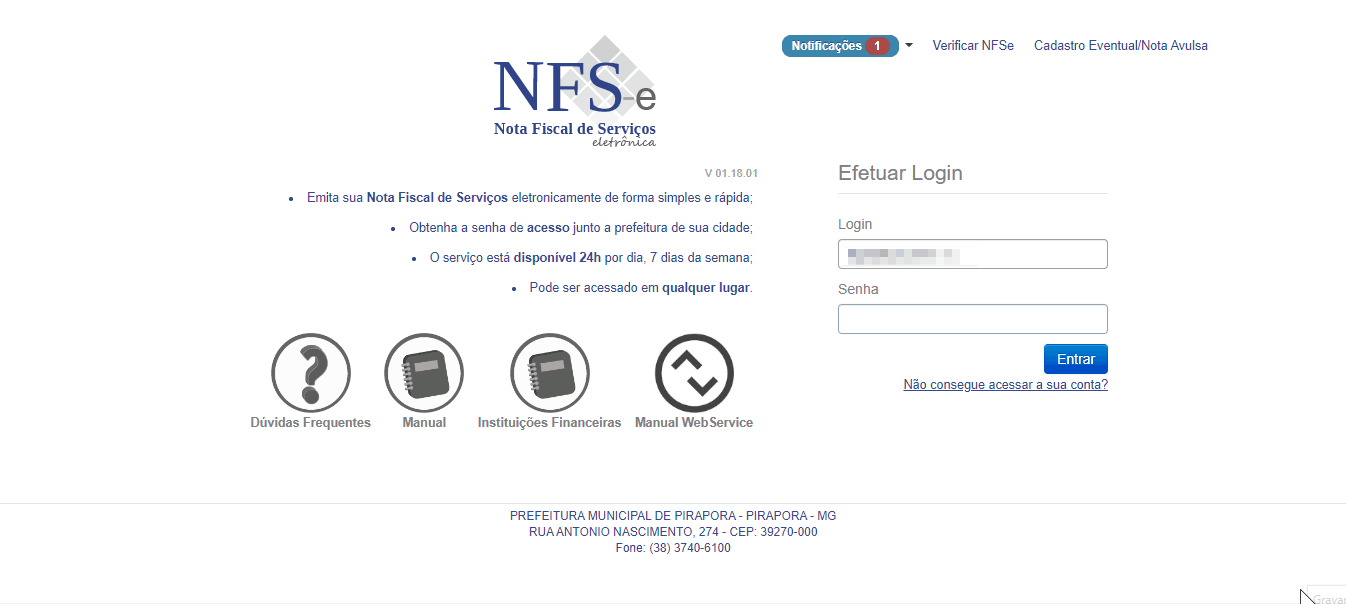 Tela de login no portal da prefeitura.