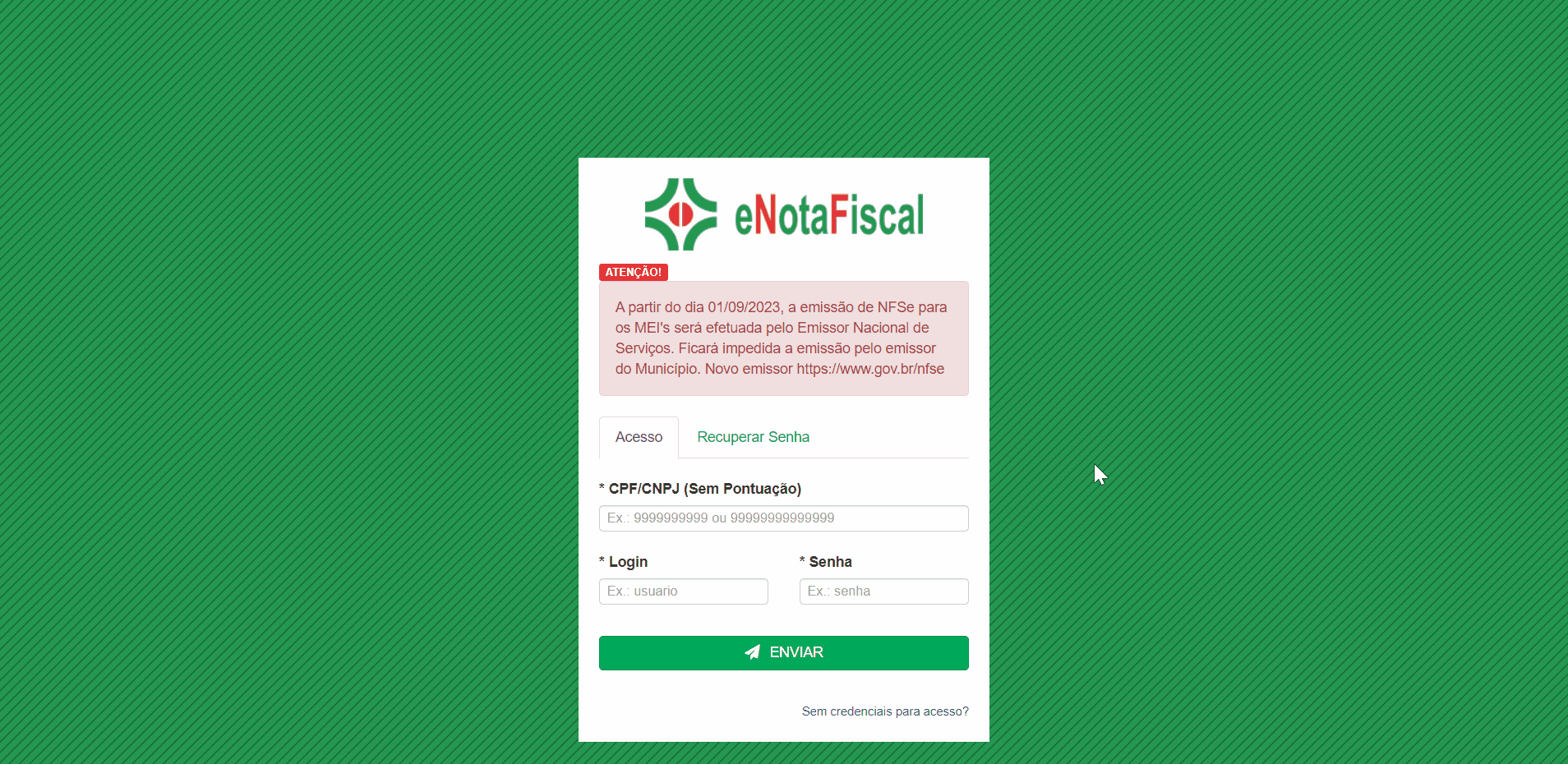 Tela de login no portal da prefeitura.