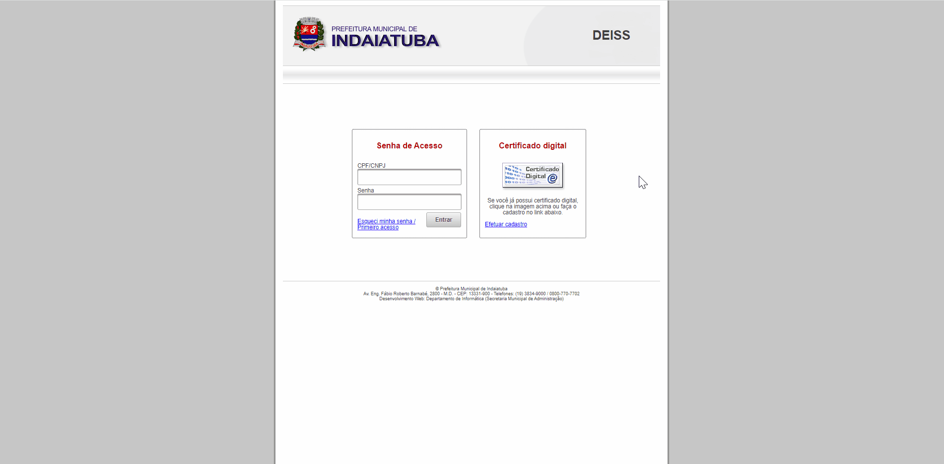 Tela de login no portal da prefeitura.