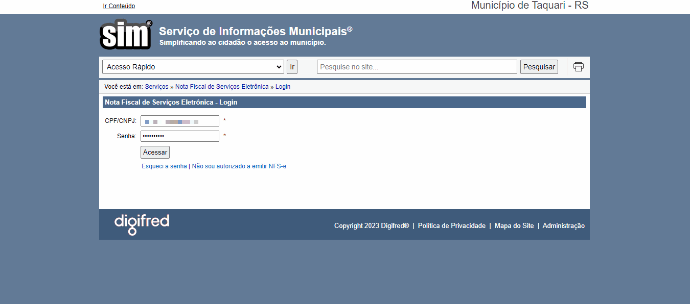 Tela de login no portal da prefeitura.