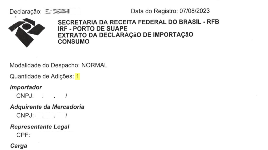 Tela de preenchimento de Informações de Importação da nota fiscal de importação.