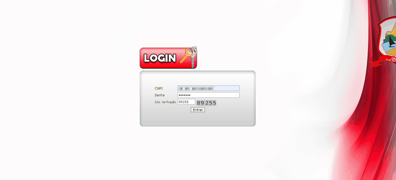 Tela de login no portal da prefeitura.
