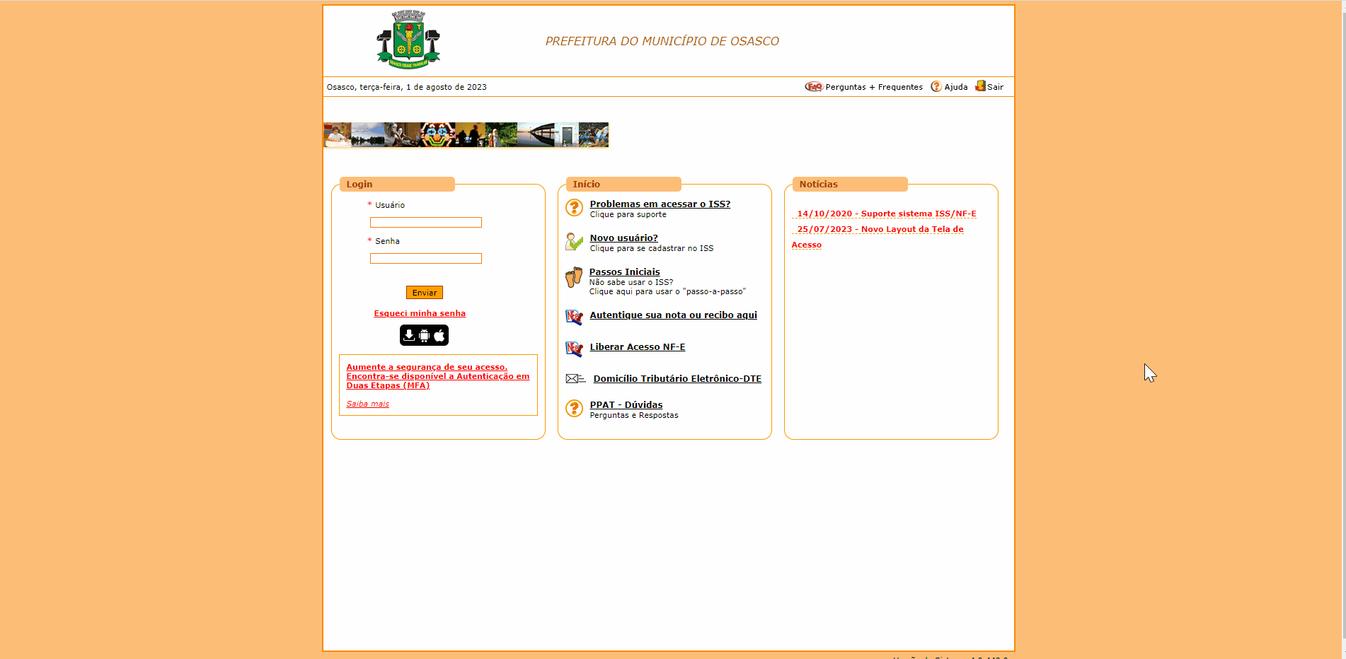 Tela de login no portal da prefeitura.